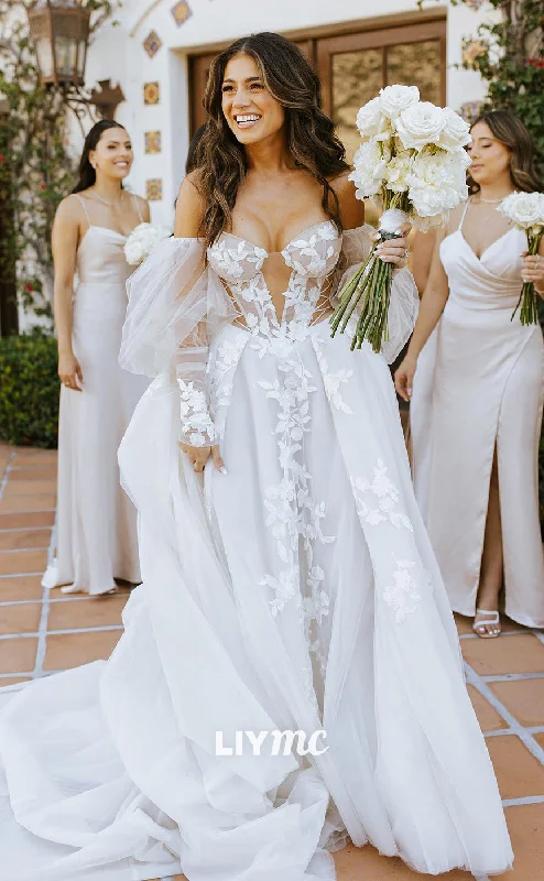 Weekend Price Drops LW370 - A Line Illusion Neckline Lace Appliques Long Sleeves Boho Wedding Dress