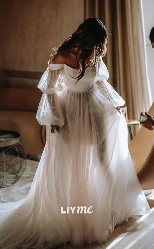 Weekend Flash Deals LW371 - A Line Off Shoulder Tulle Long Sleeves Boho Wedding Dress