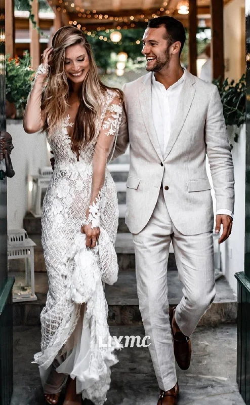 Weekend Shopping Rush LW373 - Illusion Deep V neck Romantic Lace Long Sleeves Boho Wedding Dress