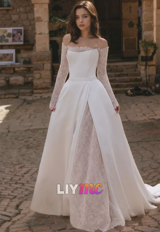 Unbeatable Flash Deals LW374 - A Line Off Shoulder Lace Long Sleeevs Elegant Wedding Dress