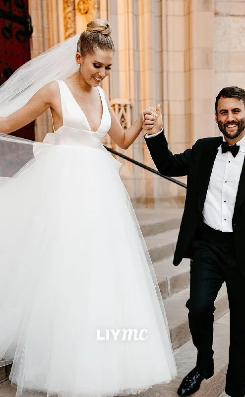 Sale Alert LW379 - A Line Deep V Neck Tulle Elegant Simple Wedding Dress