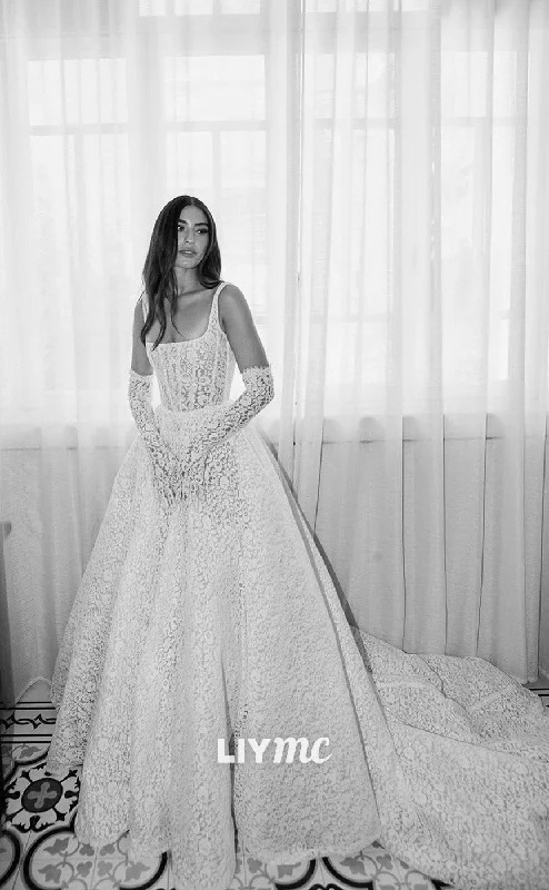 Instant Savings LW382 - A Line Scoop Romantic Lace Wedding Dress with Court Train