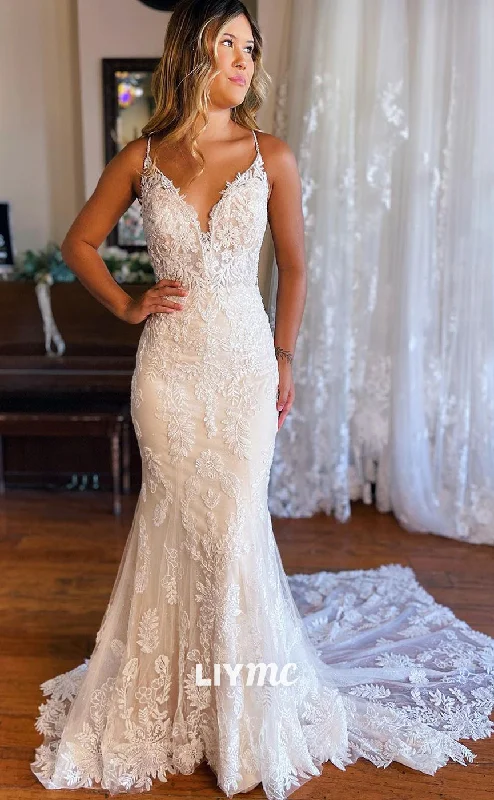 Shop More, Save More LW386 - Plunging V Neck Romantic Lace Mermaid Wedding Dress