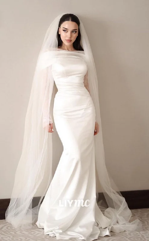 Hot Savings Alert LW387 - Off-Shoulder Long Lace Sleeves Sleek Satin Mermaid Wedding Dresses