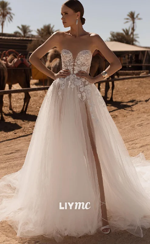 Exclusive Flash Sale LW390 - V-Neck Sheer Tulle Flower Appliques Side Slit Ball Gown Wedding Dresses