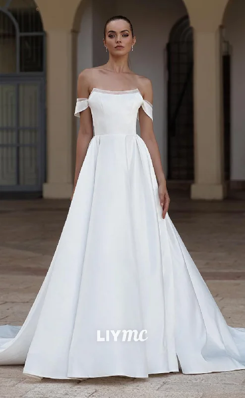 Final Clearance LW391 - Elegant Off-Shoulder A-Line Sleek Satin Long Wedding Dresses
