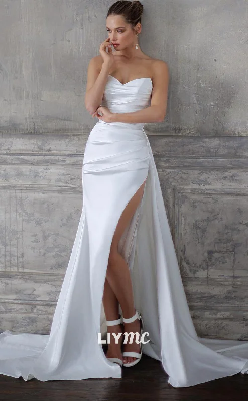 Flash Price Drops LW402 - Simple Off-Shoulder Ruched Sleek High Slit Satin Wedding Dresses