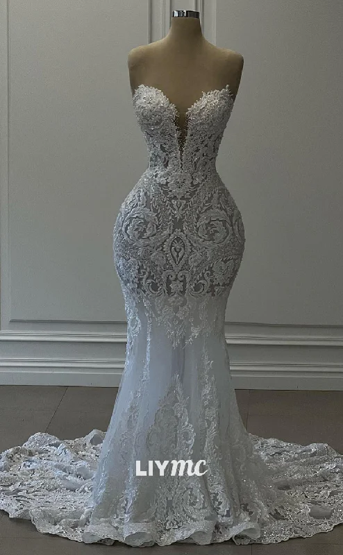 Hot Sale Items LW404 - Luxurious V-Neck Lace Appliques Mermaid Wedding Dress