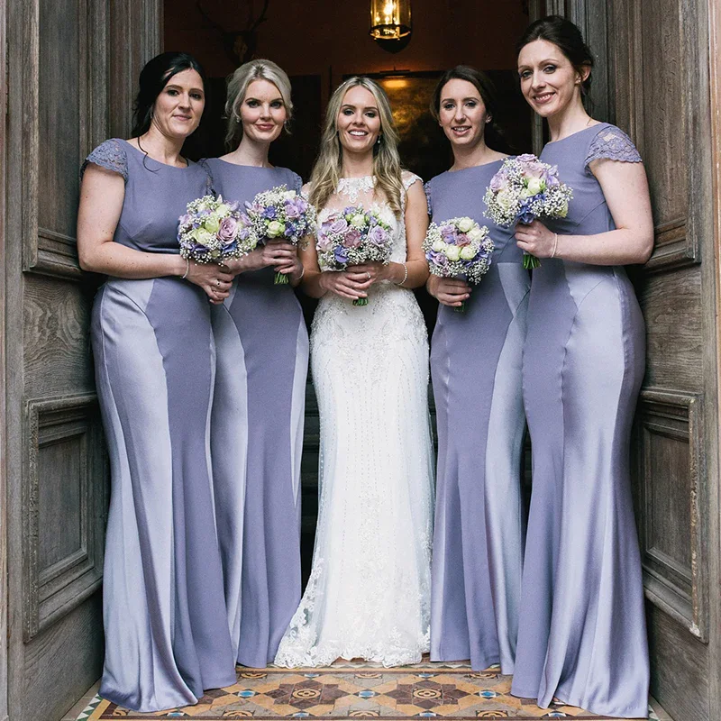 Shop & Save Now Dusty Blue And Gray Short Sleeves Soft Mermaid Round Neck Long Bridesmaid Dresses