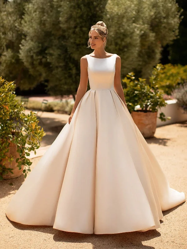 Weekend Special Sale Elegant Champagne Satin Lace Back Wedding Dress
