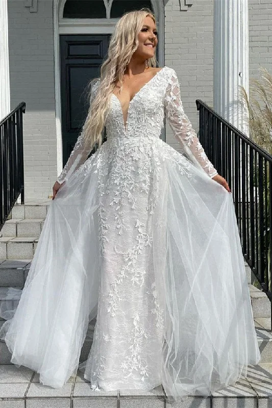 Elegant Mermaid Deep V-neck Appliques Ivory Wedding Dress ,DS2694