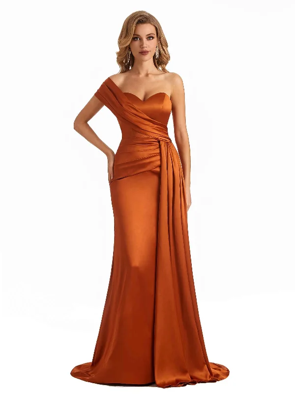 Weekend Price Slash Elegant One Shoulder Soft Satin Long Mermaid Bridesmaid Dresses Online