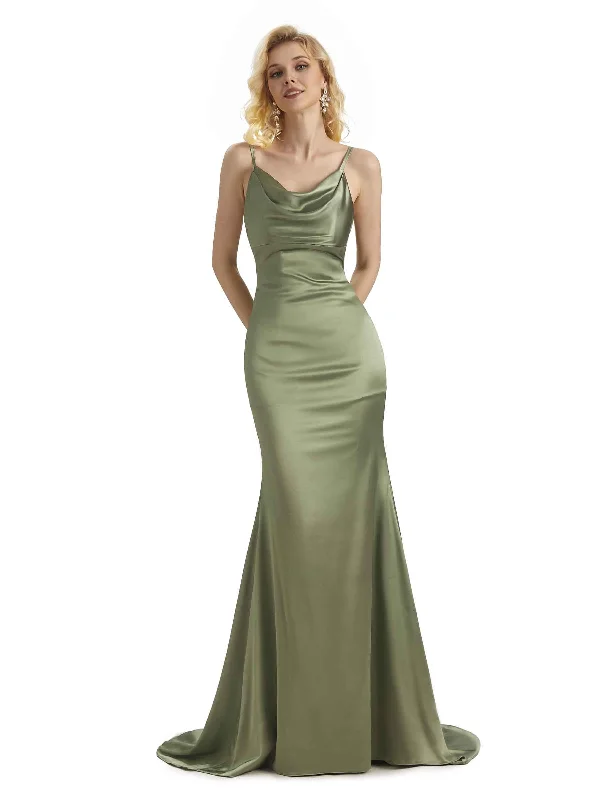 Limited-Time Deal Elegant Soft Satin Cowl Neck Criss Cross Long Mermaid Bridesmaid Dresses Online