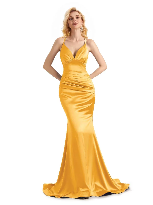 Flash Price Drops Elegant Soft Satin Mermaid Spaghetti Straps V-Neck Backless Long Bridesmaid Dresses Online