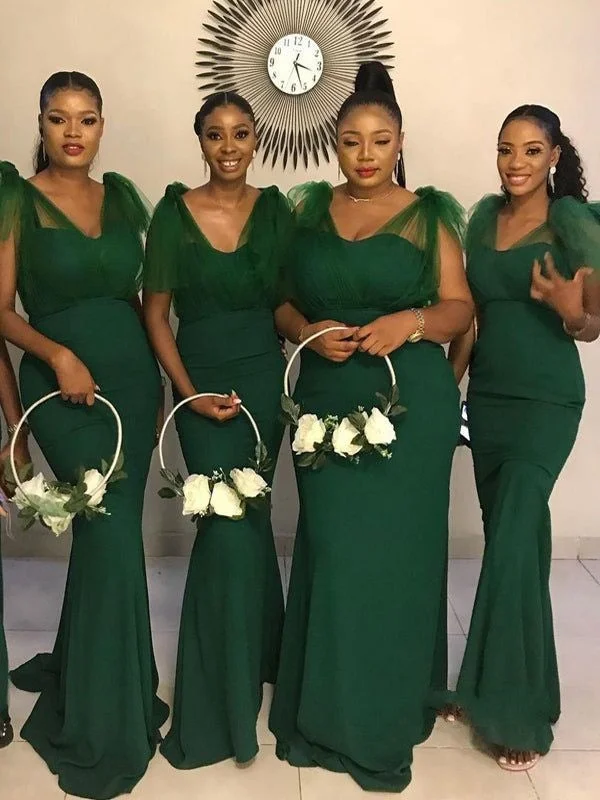 Mega Sale Floor-Length Green Tulle Bridesmaid Dresses Mermaid Wedding Party Dresses