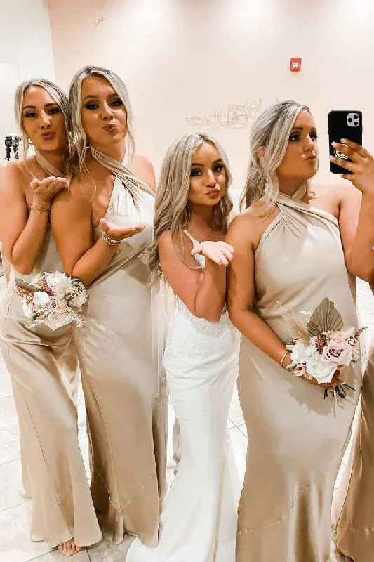Special Offers Floor Length Halter Champagne Bridesmaid Dresses Cross Front Wedding Party Dresses