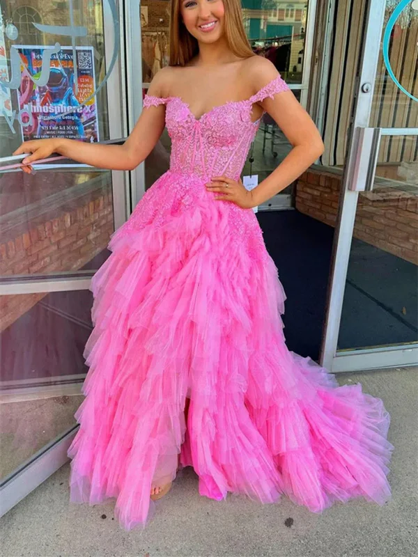 Weekend Top Offers Fluffy Off The Shoulder Hot Pink Lace Long Prom Dresses with Slit, Off Shoulder Hot Pink Lace Formal Evening Dresses