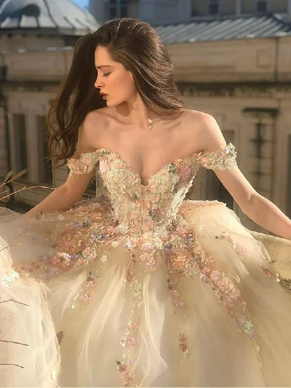 Weekend Shop Now Gorgeous Off The Shoulder Champagne Lace Floral Long Prom Dresses, 3D Flowers Off Shoulder Champagne Formal Evening Dresses Weekend Shop Now Gorgeous Off The Shoulder Champagne Lace Floral Long Prom Dresses, 3D Flowers Off Shoulder Champagne Formal Evening Dresses
