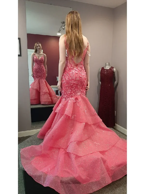 Weekend Only Steals Gorgeous V Neck Backless Mermaid Hot Pink Lace Long Prom Dresses,  Open Back Mermaid Hot Pink Lace Long  Formal Evening Dresses