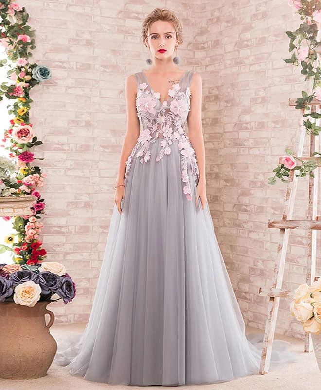 Limited Time Only Gray A-Line V Neck Tulle Lace Applique Long Prom Dress, Gray Evening Dress