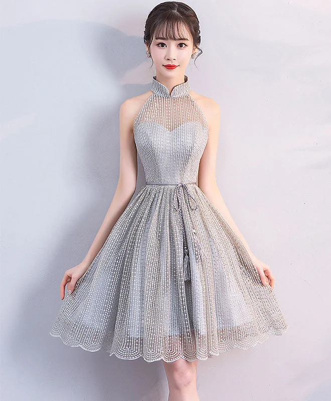 Weekend Flash Discount Gray High Neck Short Prom Dress, Gray Homecoming Dress