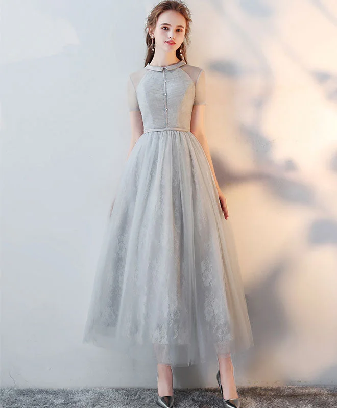 Extra Discount Gray High Neck Tulle Lace Prom Dress Tulle Lace Evening Dress