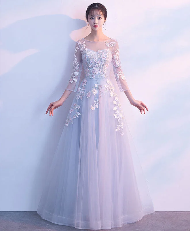 Massive Sale Event Gray Round Neck Tulle Lace Applique Long Prom Dress, Gray Evening Dress