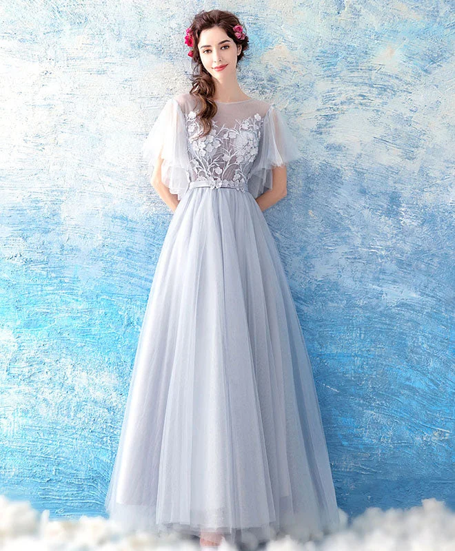 Savings Galore Gray Tulle Ace Long Prom Dress, Gray Evening Dress