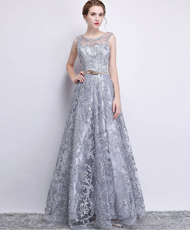 Weekend Discount Fest Gray Tulle Lace Long Prom Dress , Gray Evening Dress