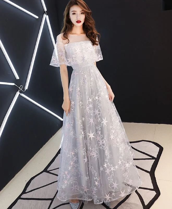 Hot Picks Gray Tulle Lace Long Prom Dress Gray Tulle Formal Dress