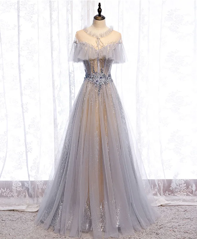 Weekend Steal of the Day Gray Tulle Lace Long Prom Dress, Gray Tulle Formal Dress