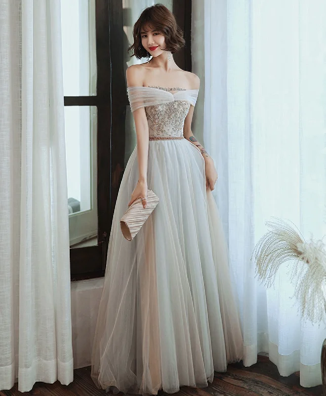 Unbeatable Prices Gray Tulle Lace Long Prom Dress Tulle Lace Formal Dress
