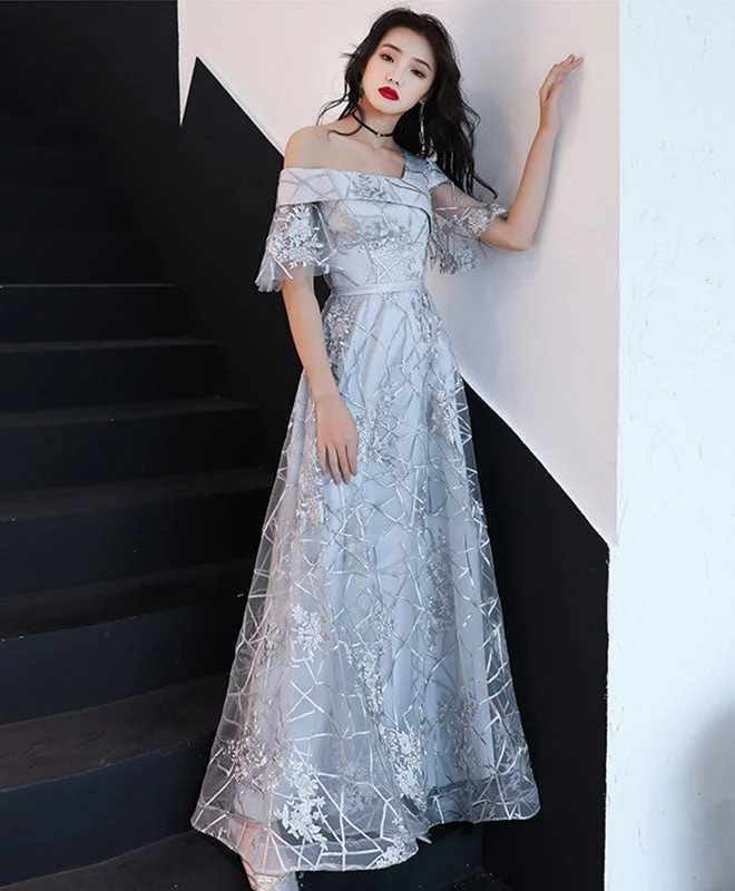 Clearance Event Gray Tulle Lace One Shoulder Long Prom Dress Lace Evening Dress