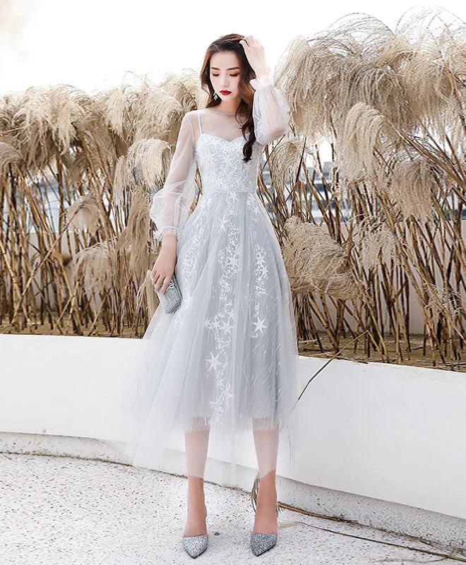 Grab It Now Gray Tulle Lace Short Prom Dress Gray Homecoming Dress