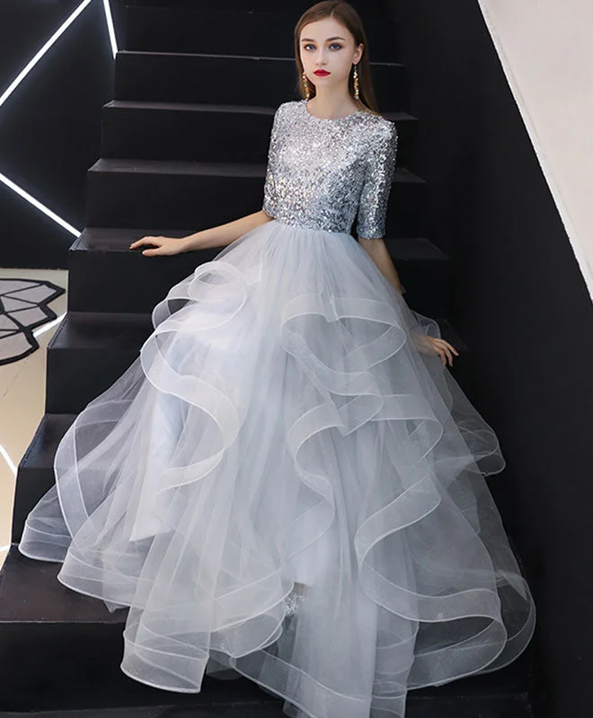One-Stop Shop Sale Gray Tulle Sequin Long Prom Dress, Gray Tulle Evening Dress