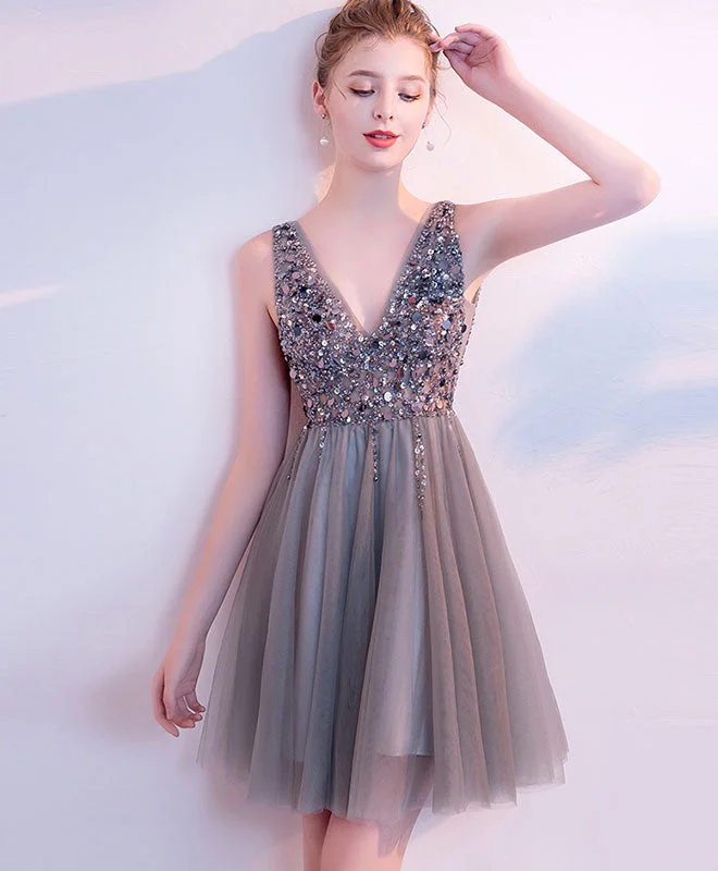 Weekend Steals and Deals Gray V Neck Tulle Beads Short Prom Dress, Gray Homecoming Dress Weekend Steals and Deals Gray V Neck Tulle Beads Short Prom Dress, Gray Homecoming Dress