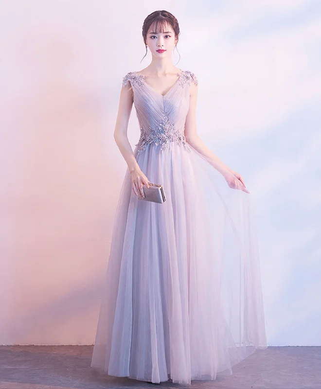 Weekend Only Steals Gray V Neck Tulle Lace Long Prom Dress, Gray Tulle Evening Dress