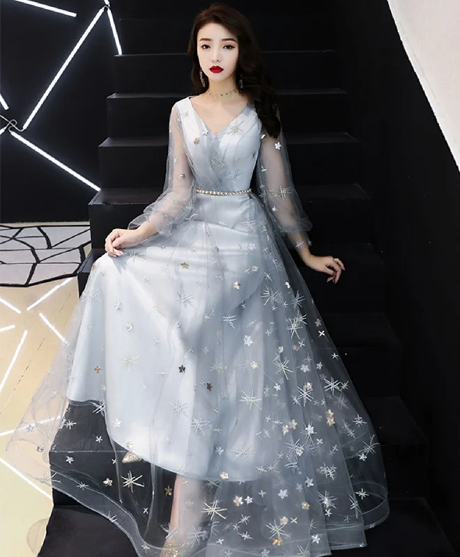 End-of-Season Sale Gray V Neck Tulle Lace Long Prom Dress, Gray Tulle Evening Dress