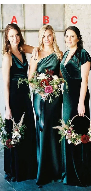 Flash Sale Green Mermaid Sleeveless Mismatched Long Velvet Bridesmaid Dresses