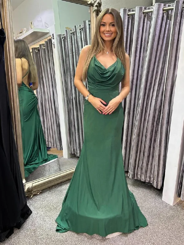 Extra Discount Green Satin Mermaid Backless Long Prom Dresses, Mermaid Green Long Formal Evening Dresses