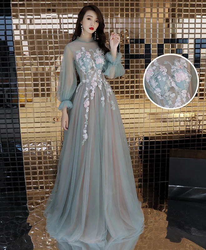 Weekend Closeout Deals Green Tulle Lace Long Prom Dress, Green Tulle Evening Dress