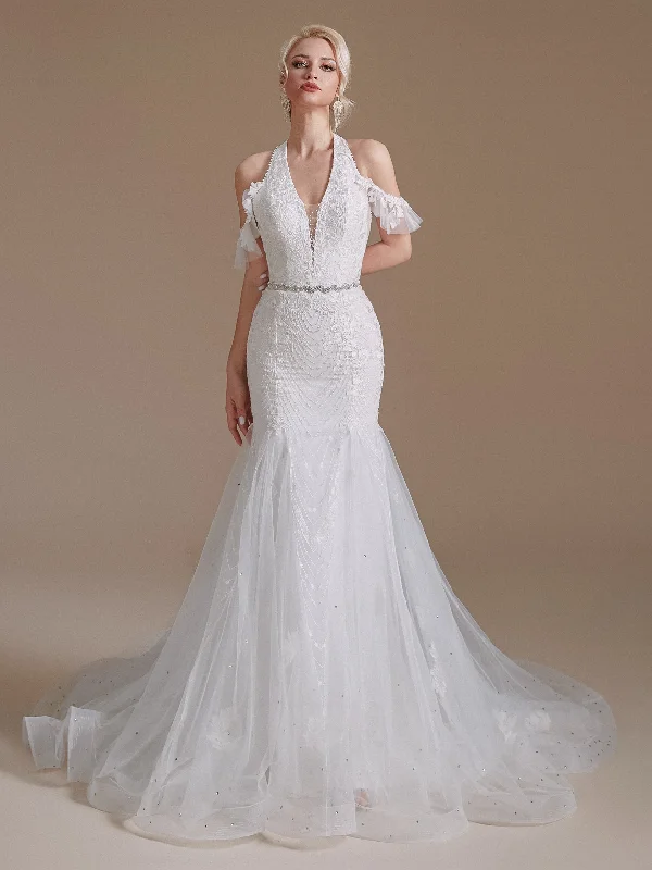 Hurry, While Stocks Last Halter Lace Beaded Wedding Dresses, Mermaid Wedding Dresses, Bridal Gown, Newest Wedding Dresses