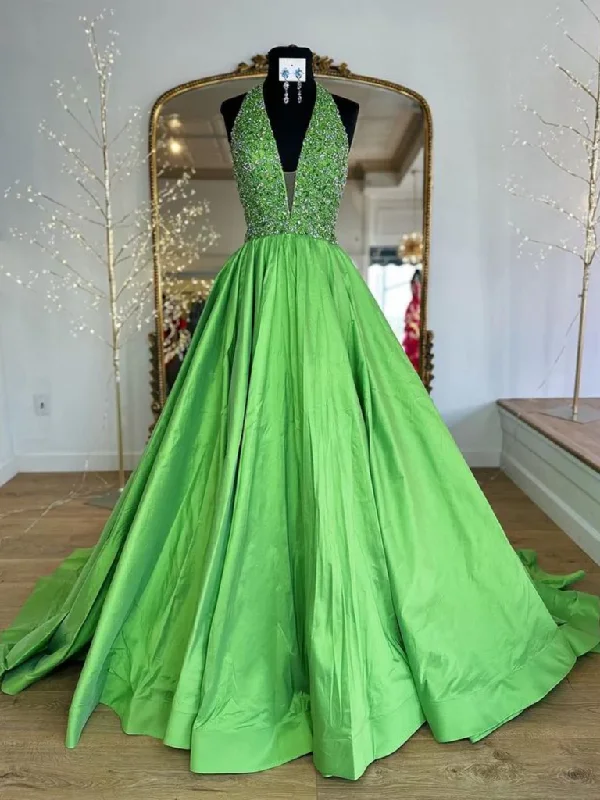 Limited-Time Discount Halter V Neck Backless Beaded Green Long Prom Dresses with Sequins, Green Satin Long Formal Graduation Evening Dresses