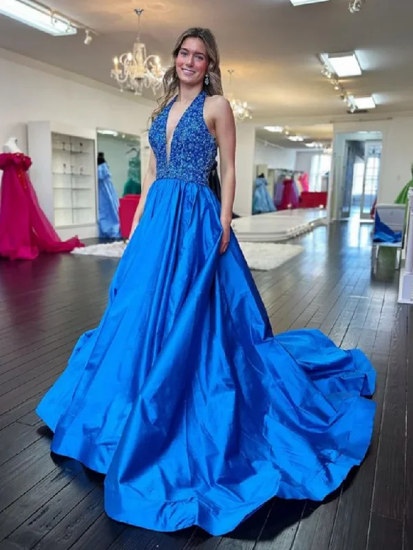 Weekend Bargain Time Halter V Neck Backless Blue Long Prom Dresses, V Neck Open Back Blue Formal Graduation Evening Dresses