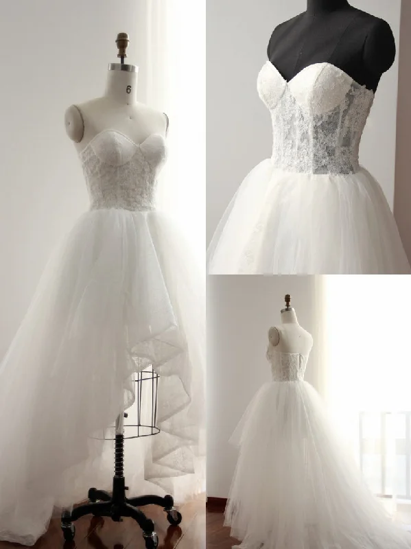 Weekend Savings Bonanza High Low Wedding Dresses Aline Sweetheart Long Train Tulle Ivory Lace Bridal Gown JKW244