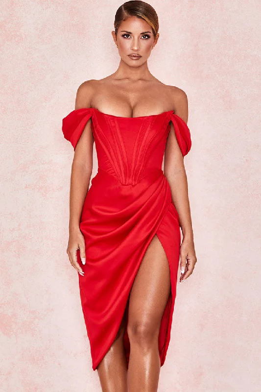 High Split Ruched Off Shoulder Satin Midi Corset Dress - Red