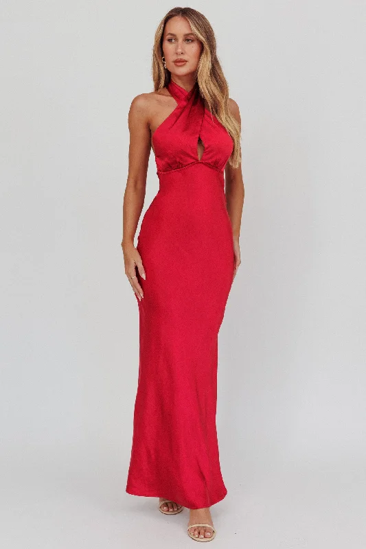 One-Day Sale Honeymoon Crossover Halterneck Maxi Dress Wine