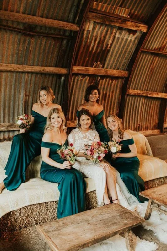 Shop & Save Hot Satin Off The Shoulder Emerald Green Bridesmaid Dresses