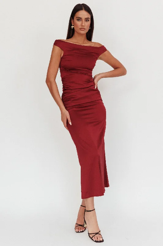 Only for You In Blooms Off Shoulder Satin Maxi Dress Wine