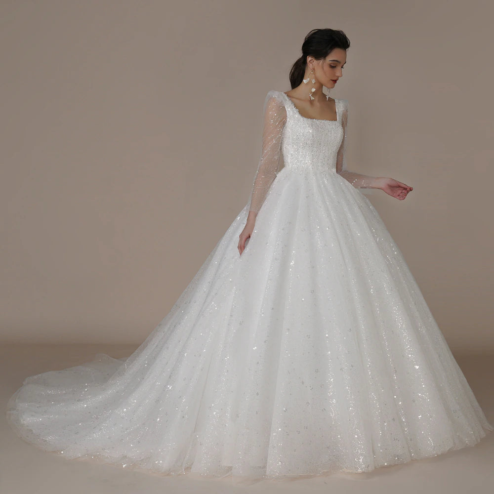 Weekend Shopping Madness Ivory Beaded Glitter Long Sleeves Princess Wedding Dress